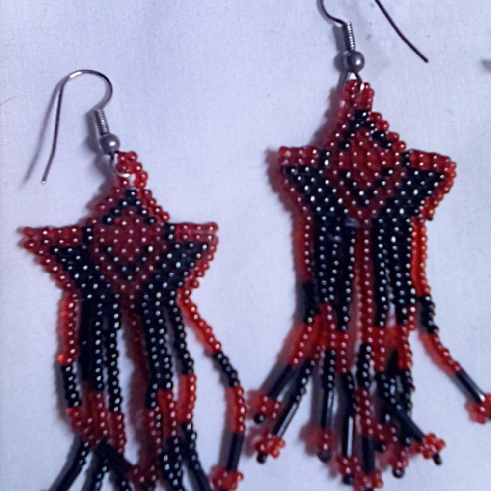 Hand Crafted  Black and Red Star Beaded Earrings